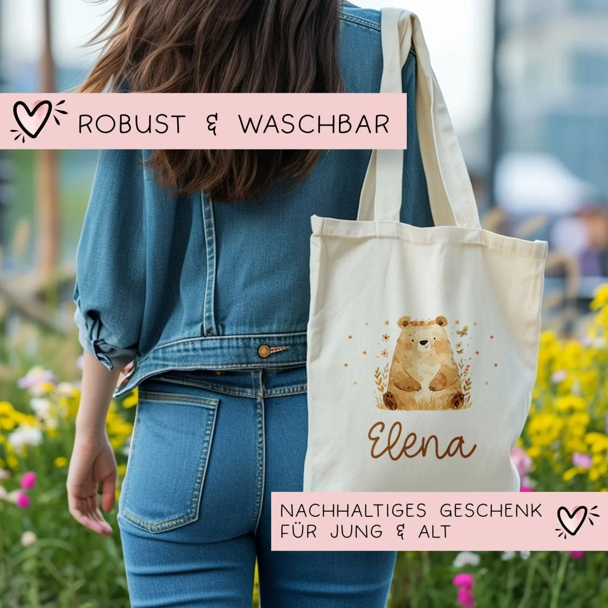 Sitzender Bär Stofftasche Tasche Kinder-Beutel mit Namen als Sporttasche, Wechselwäsche, Tragetasche -für Kita Schule & Kindergarten – Bild 6
