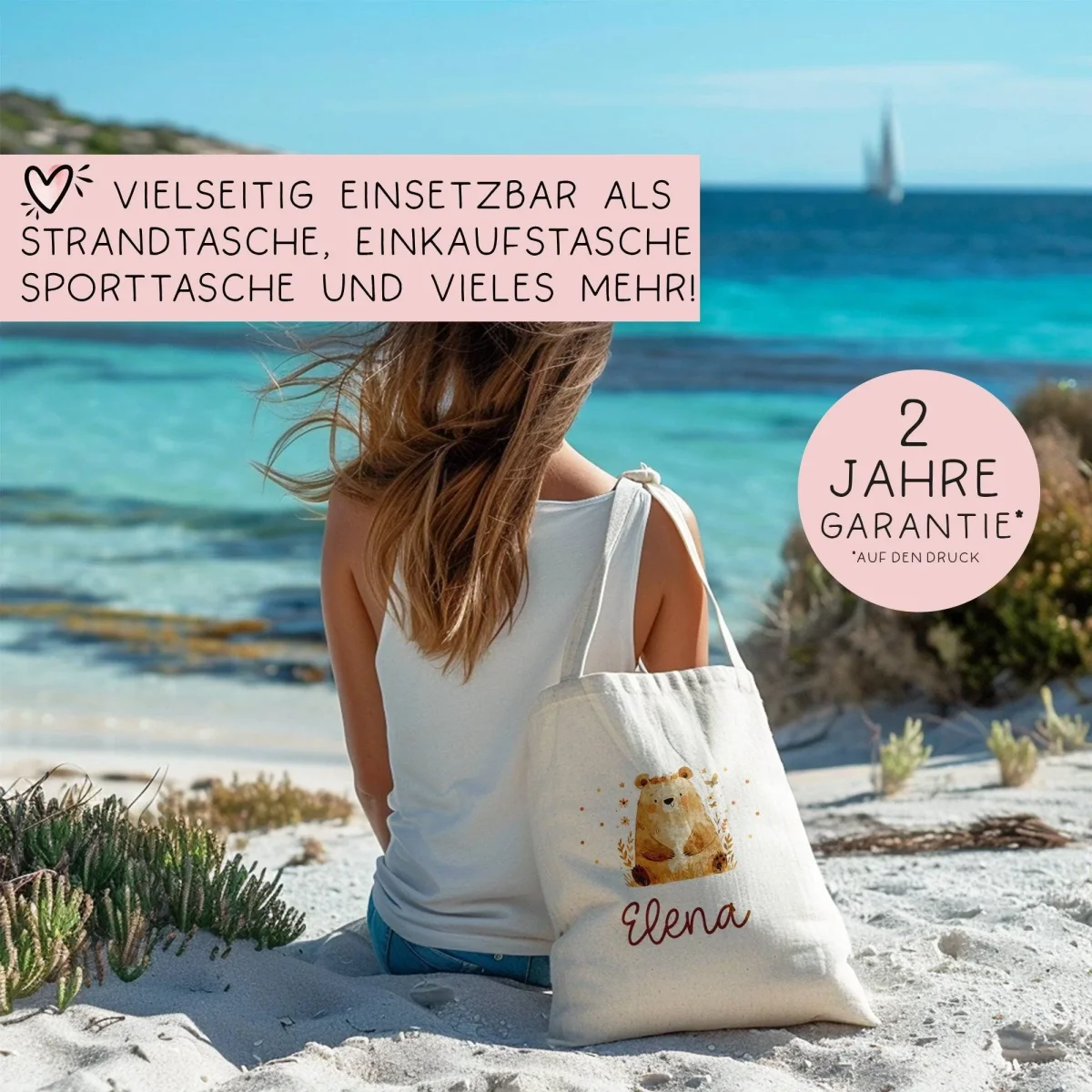 Sitzender Bär Stofftasche Tasche Kinder-Beutel mit Namen als Sporttasche, Wechselwäsche, Tragetasche -für Kita Schule & Kindergarten – Bild 7
