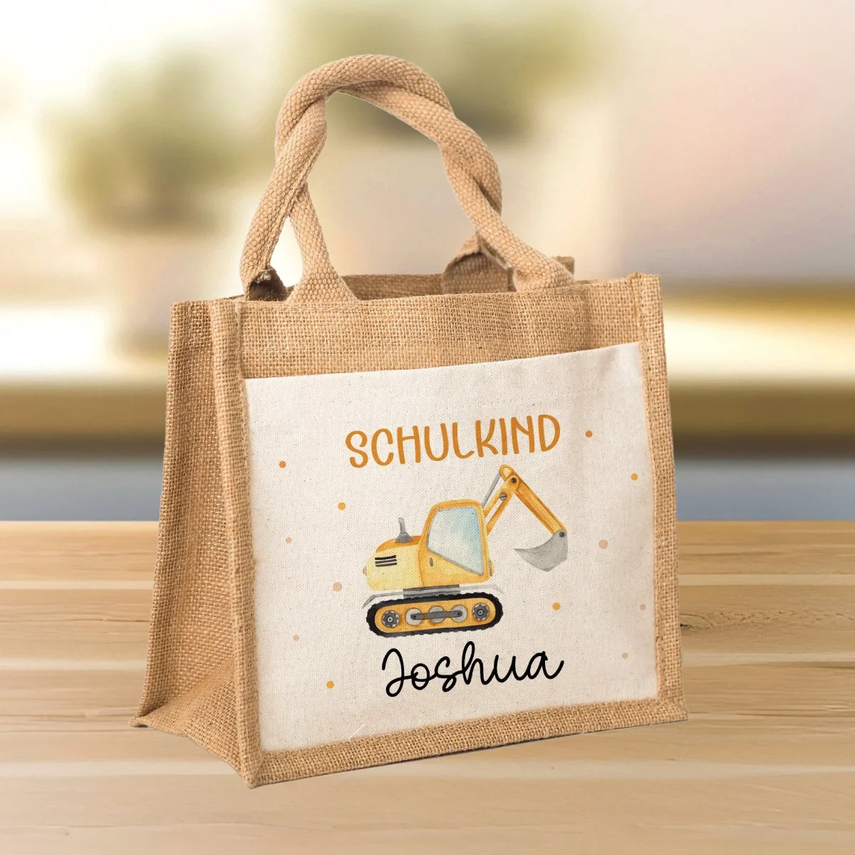 Bagger Schulkind 2024 Pocket Tasche mit Wunschnamen | 100% Jute | Schaufelbagger Baustelle | Geschenk Einschulung | Schultüte personalisiert – Bild 7