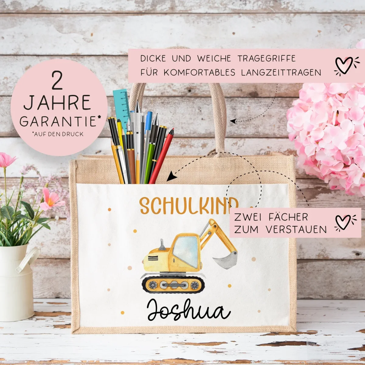 Bagger Schulkind 2024 Pocket Tasche mit Wunschnamen | 100% Jute | Schaufelbagger Baustelle | Geschenk Einschulung | Schultüte personalisiert – Bild 5